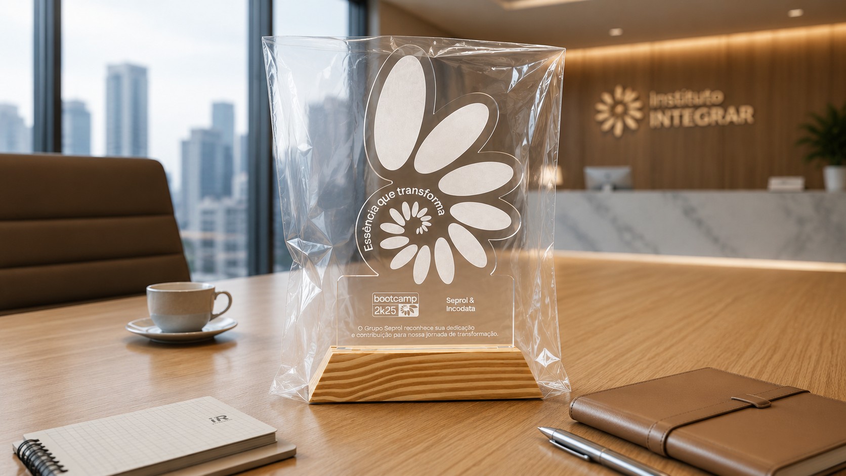 Luminária Sentim sobre mesa de escritório